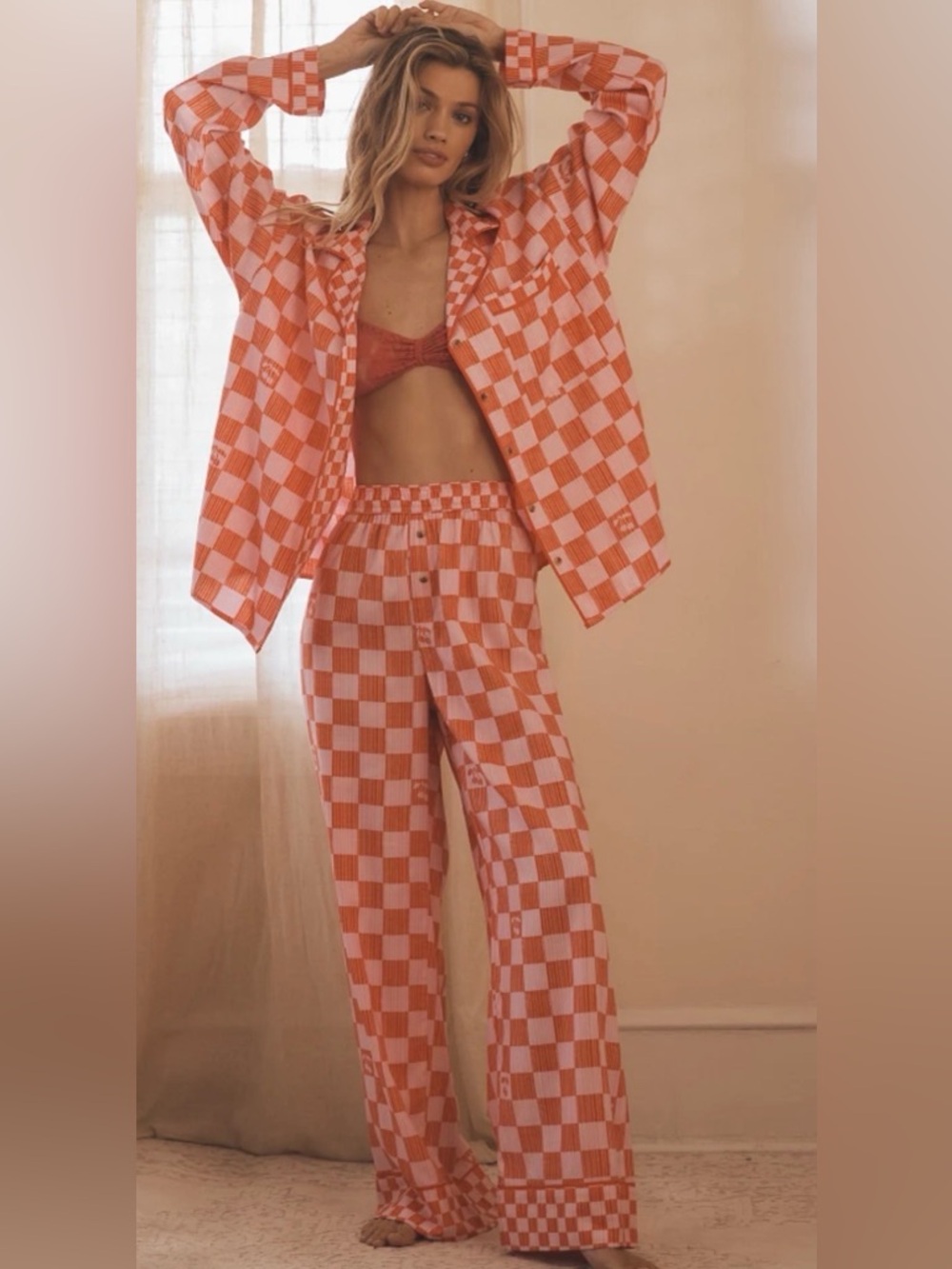 Orange Checkerboard Lounge Set - Button-Front Shirt & Pants